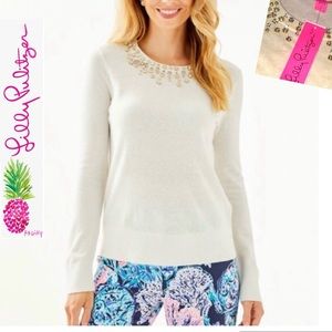 🌴🩷Lilly Pulitzer Gorgeous Cashmere Blend Rhinestone Collar Odetta Sweater 🆕